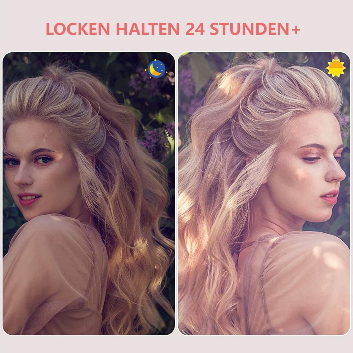 Eine Frau mit blonden Haaren in zwei Bildern, eines unter Mond-, eines unter Sonnensymbol.