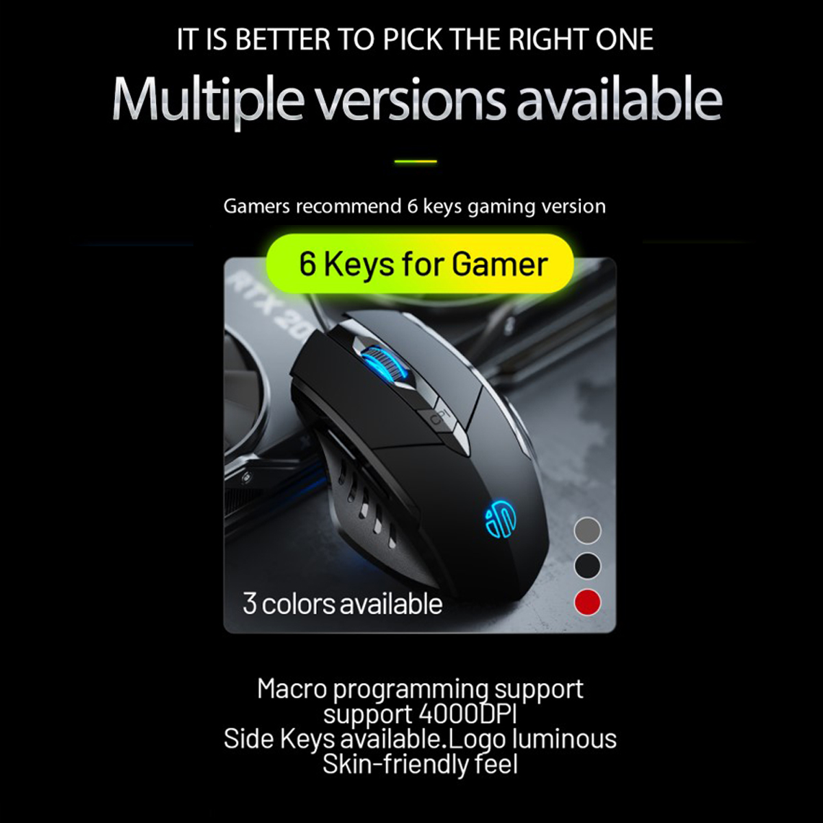 Eine schwarze Gaming-Maus mit 6 Tasten und blauem Licht sowie Text über verfügbare Farben und Funktionen.
