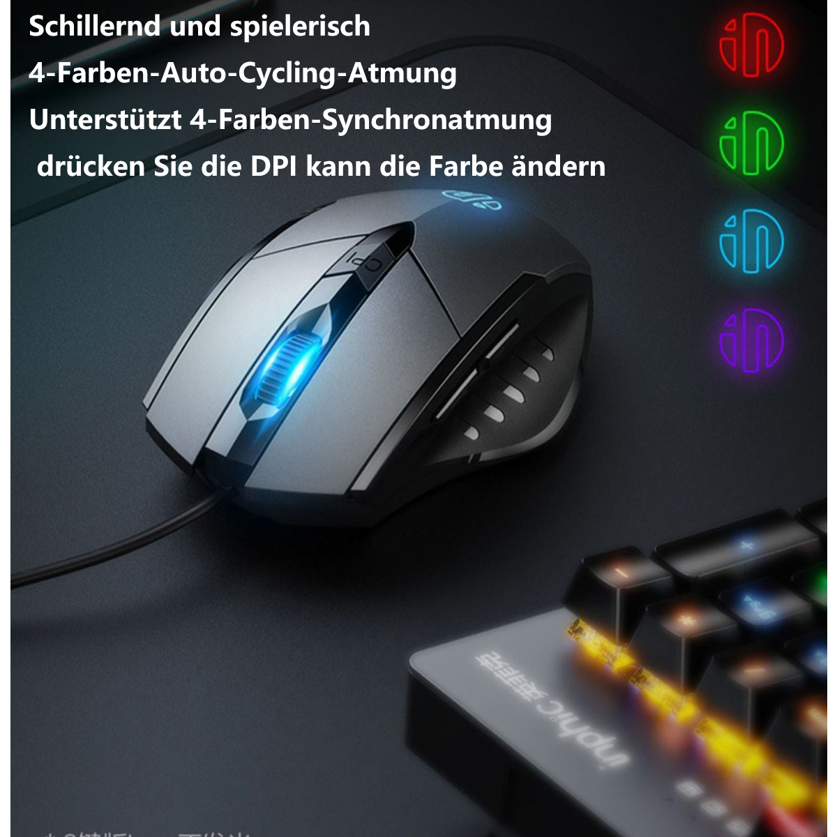 Eine silberne Gaming-Maus mit blauem Licht und einer Tastatur im Hintergrund mit farbig beleuchteten Tasten.
