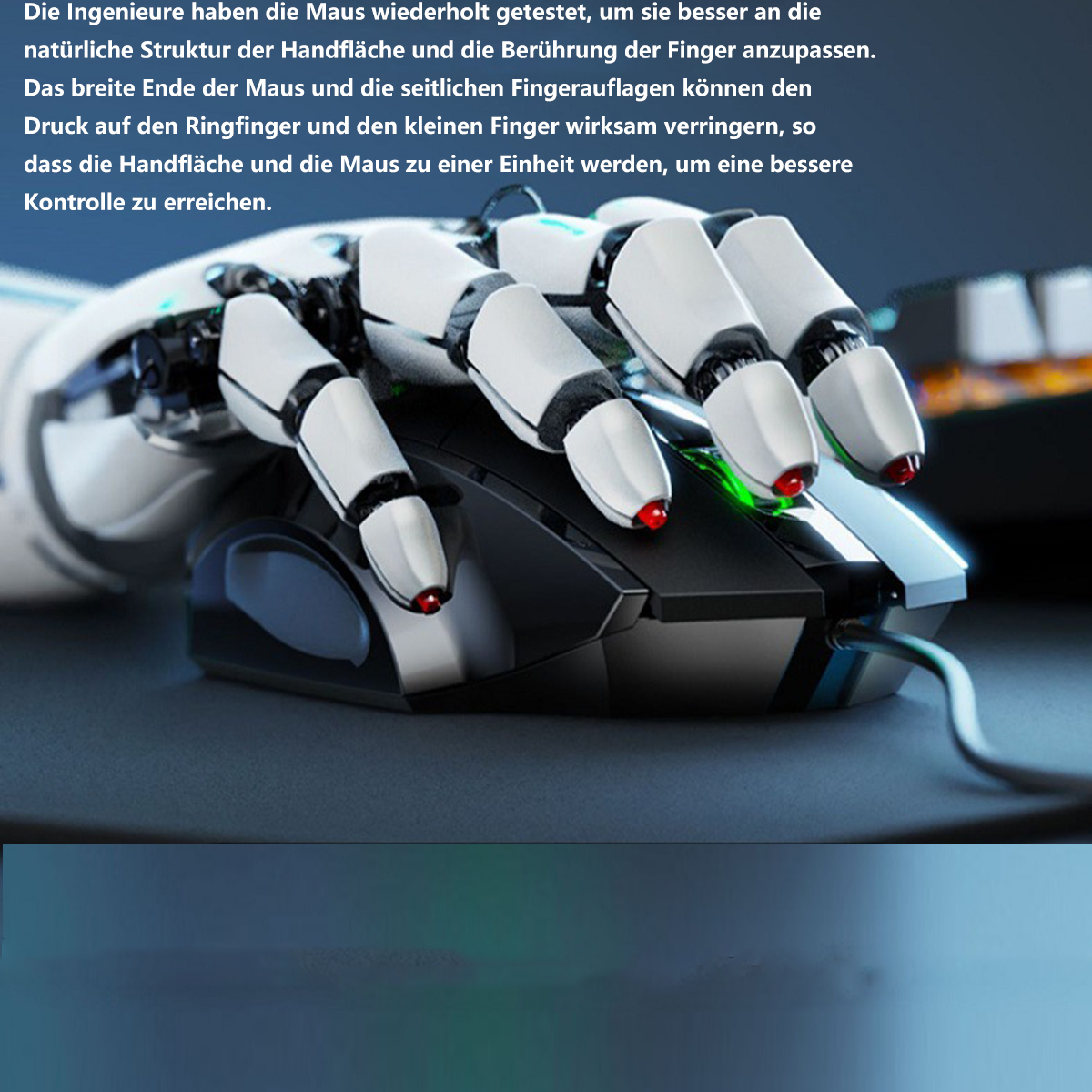 Roboterhand, die eine schwarze Computermaus auf dunkler Oberfläche hält.