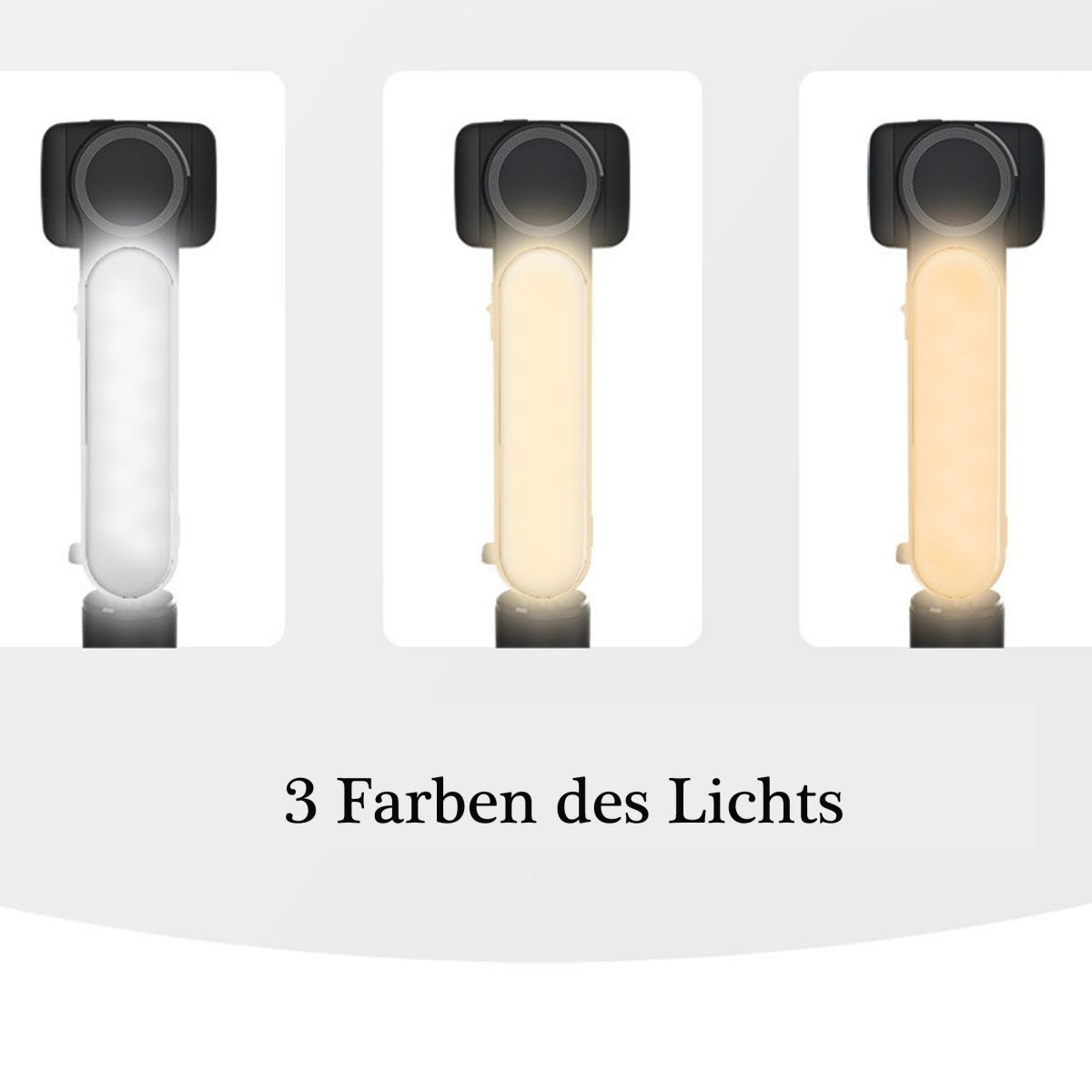 Drei Geräte mit unterschiedlichen Lichtfarben. Text darunter: 3 Farben des Lichts.