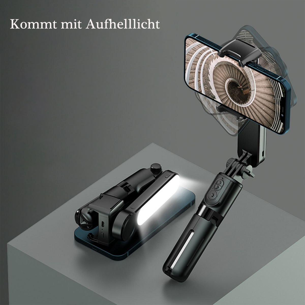 Schwarzer Telefonstabilisator mit Licht und Telefon, das Wendeltreppe zeigt.