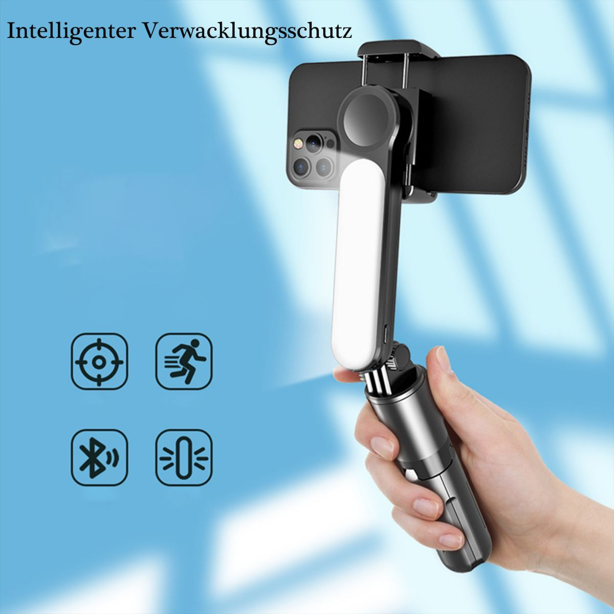 Ein schwarz-weißer, selbststabilisierender Telefonhalter mit Symbolen, die Funktionen zeigen.