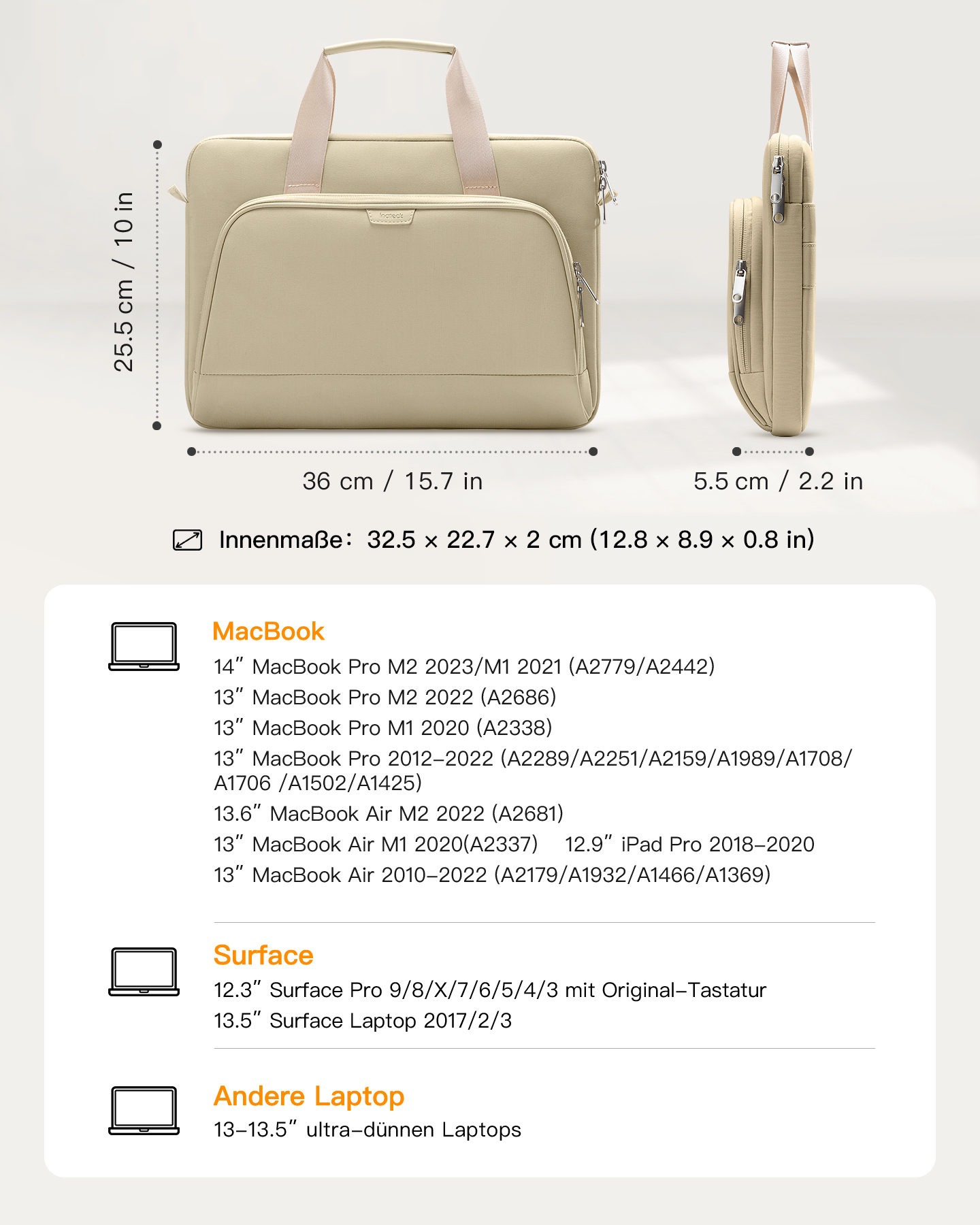 MacBook beige 600D-Polyestergewebe, Pro, Surface Zoll Pro, beige für MacBook Umhängetasche generisch für 14 Schultertasche INATECK Laptop-Hülle Laptoptasche Pro/Air,