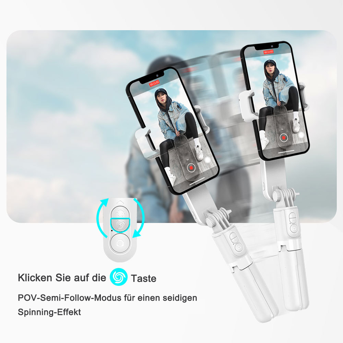 Eine Person hält ein Smartphone mit einem Selfie-Stick. Textüberlagerung.