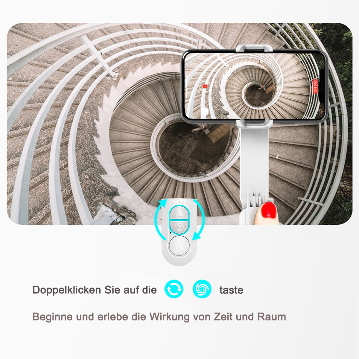 Eine Person, die ein Telefon mit einem Video von Wendeltreppen hält, mit Steuertasten.