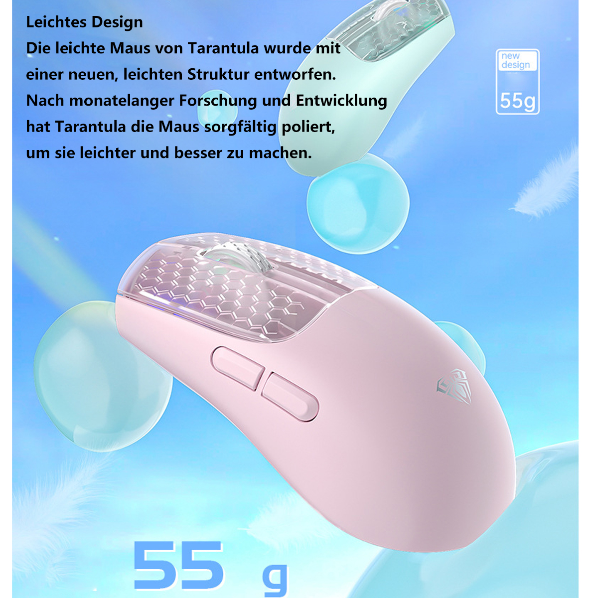 Rosa und mintfarbene kabellose Computermaus mit Text und Grafiken. Ein neues Design wird vorgestellt.