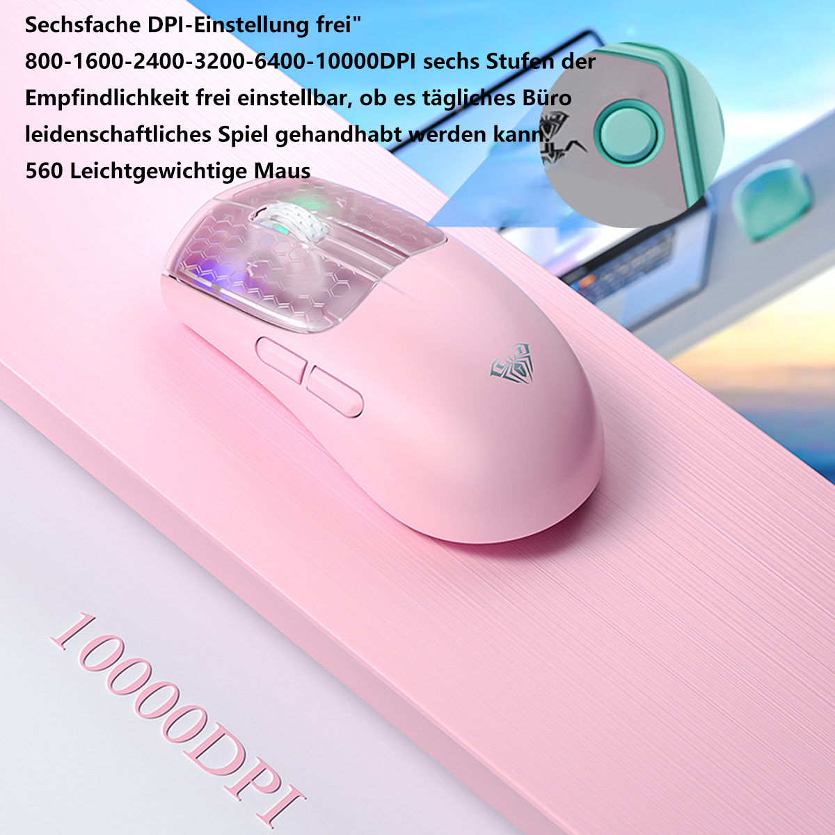 Rosa kabellose Maus mit Text und Grafiken im Hintergrund.