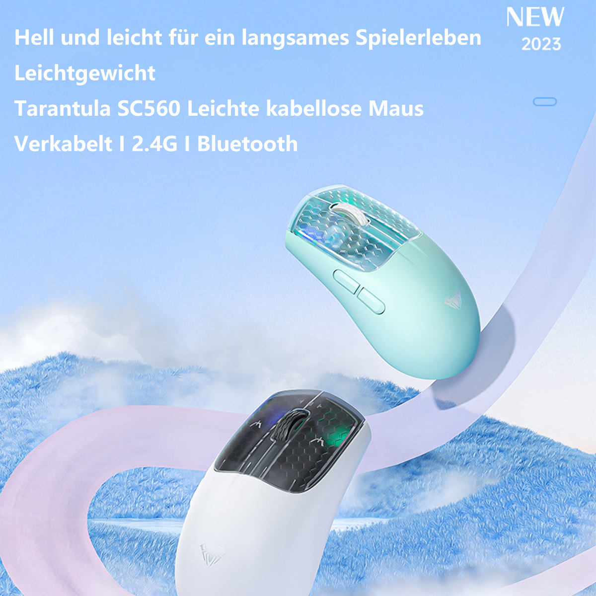 Gaming-Maus. Zwei Mäuse, eine blaue und eine weiße mit farbenfrohem Licht.