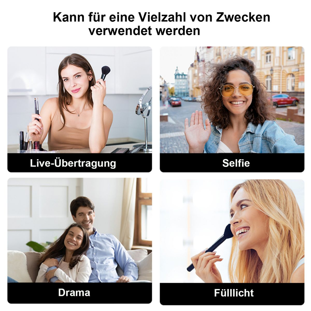 Eine Collage von Bildern, die zeigen, wie Menschen ein Selfie-Licht für verschiedene Zwecke verwenden.
