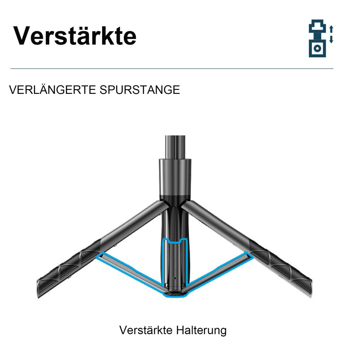 Nahaufnahme eines Stativs. Der Text hebt das verstärkte Bein hervor.