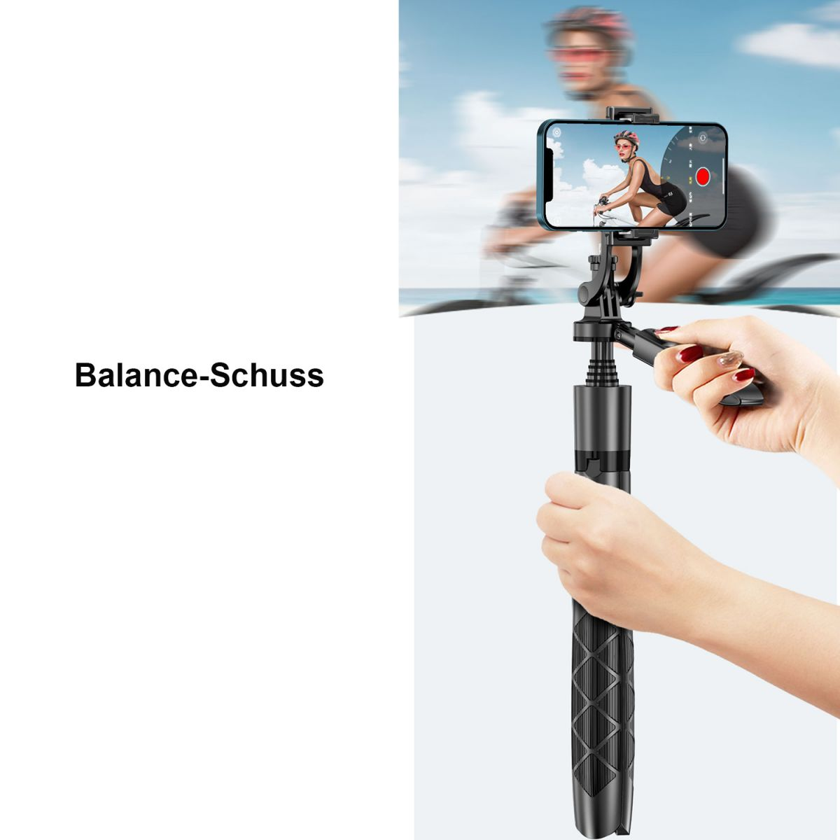 Eine Person, die ein schwarzes Telefon auf einem Selfie-Stick hält, ein Radfahrer im Hintergrund unscharf.