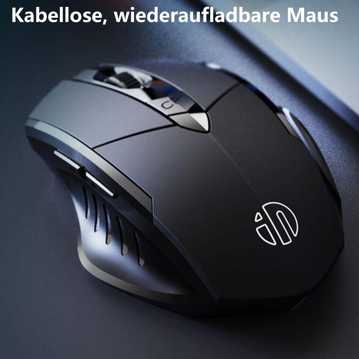 Eine schwarze kabellose Maus mit elegantem Design, mit Tasten, einem Scrollrad und einem Logo.