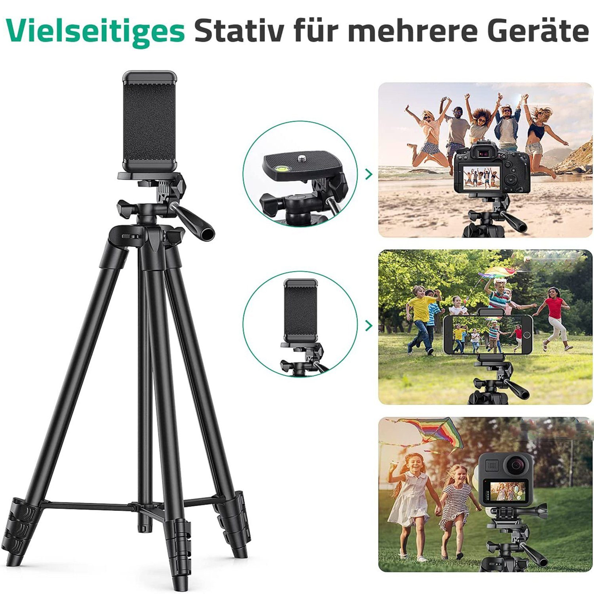 Schwarzes Stativ mit Telefonhalter, unterstützt mehrere Geräte. Bilder zeigen die Verwendung in verschiedenen Szenarien.