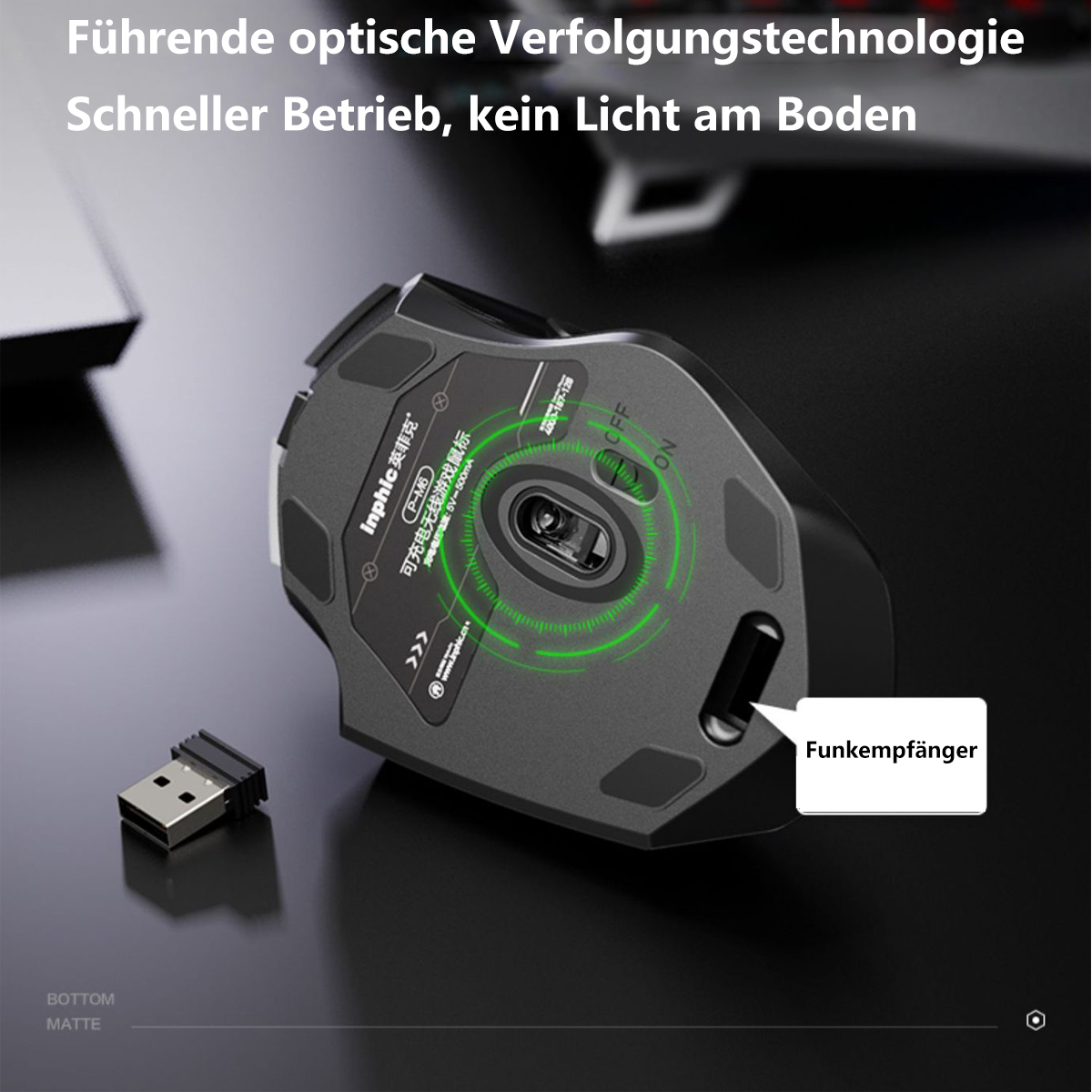 Schwarze Gaming-Maus mit Text und USB-Empfänger. Grün leuchtet von innen.