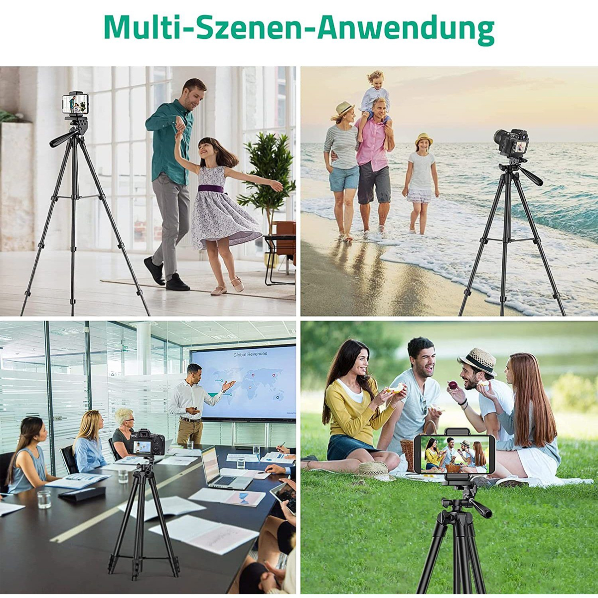Eine Collage mit vier Szenen mit Stativen im Einsatz: Tanzen, Strand, Geschäft und Außenaufnahmen.
