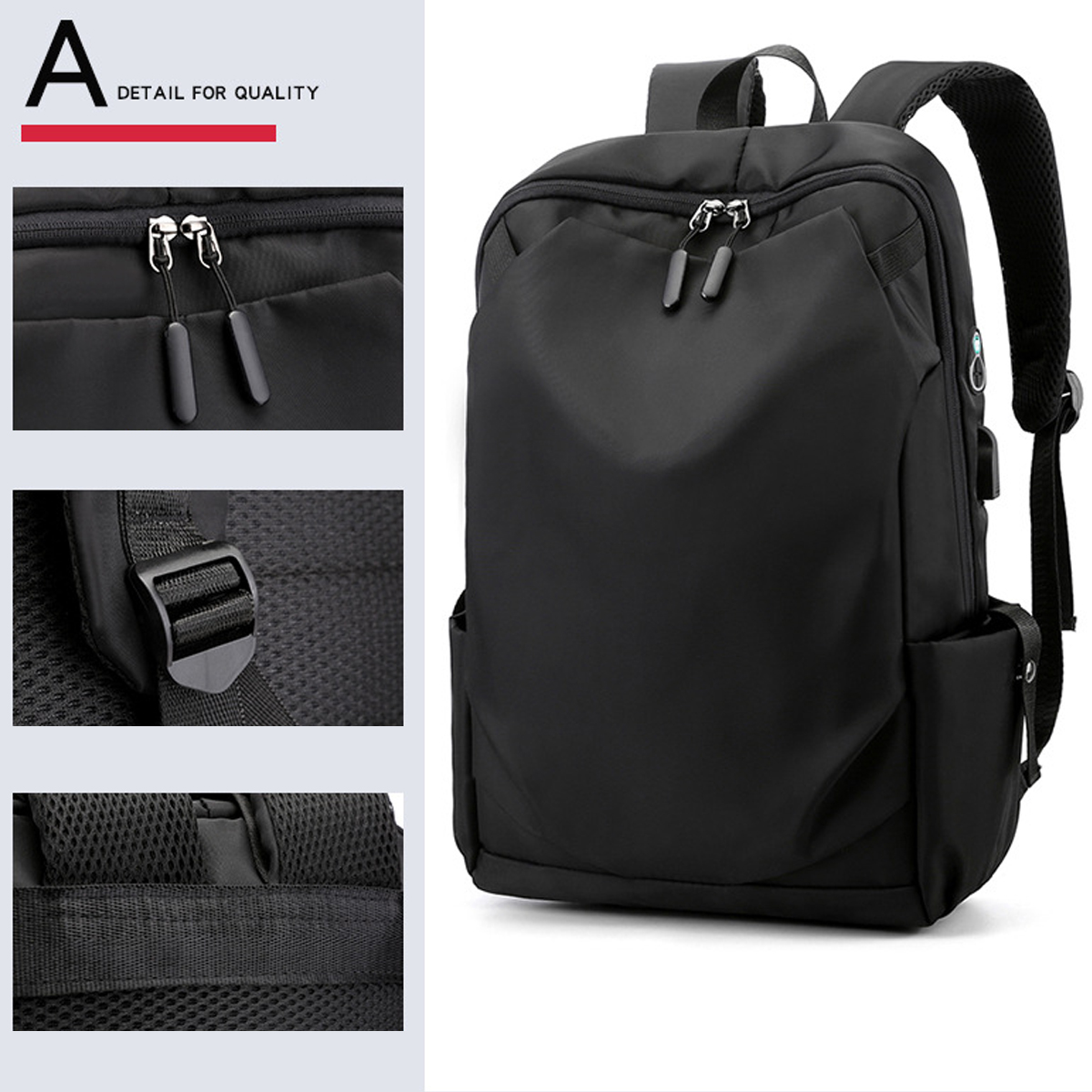 Schwarzer Rucksack mit Details von Reißverschlüssen, Riemen und einer Seitentasche, auf weißem Hintergrund.