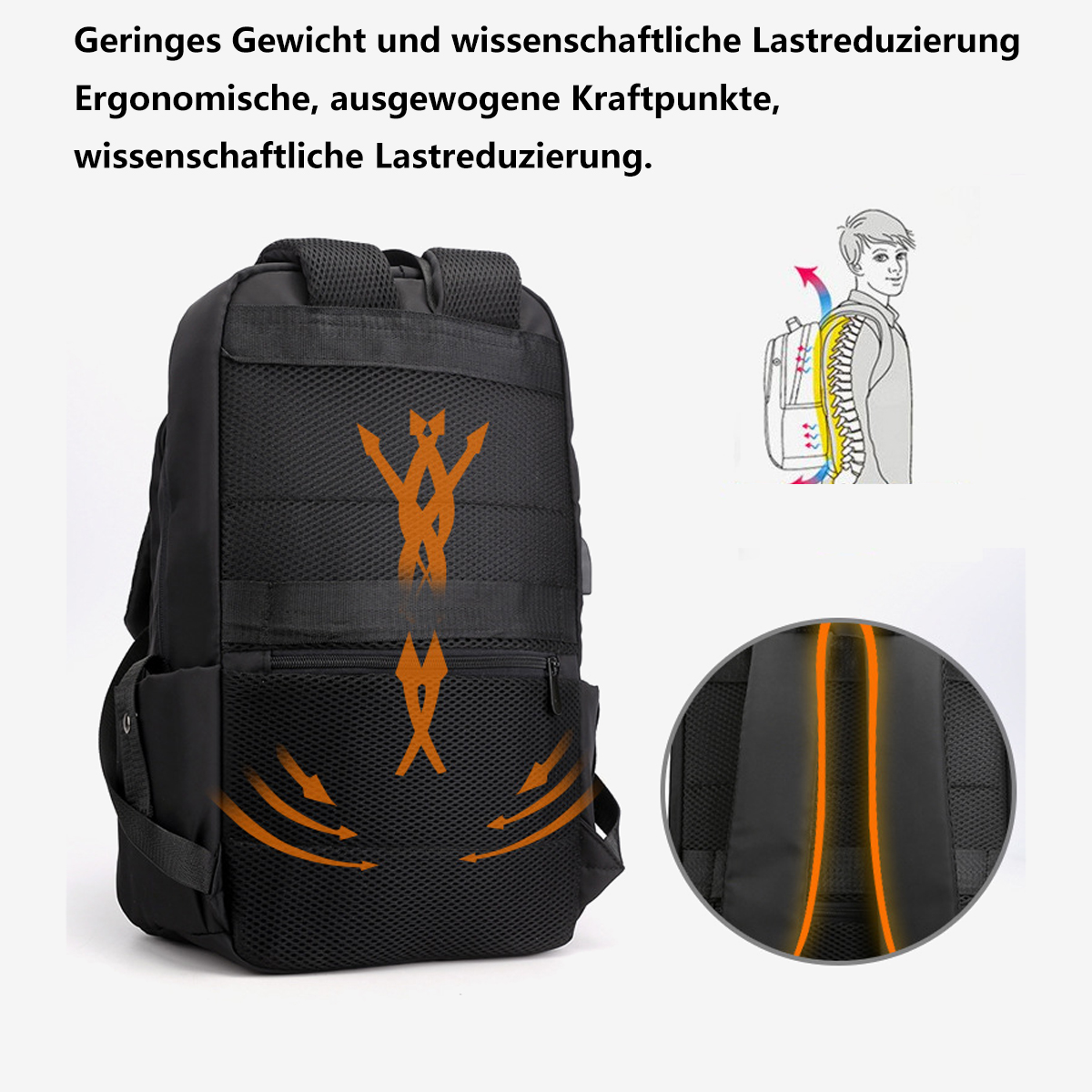 Schwarzer Rucksack mit orangefarbenen Akzenten. Illustration zeigt die Rückenunterstützung.
