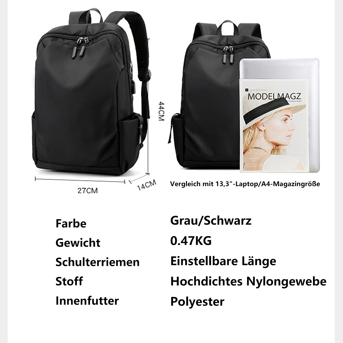 Ein schwarzer Rucksack mit Abmessungen und Infotext auf weißem Hintergrund.