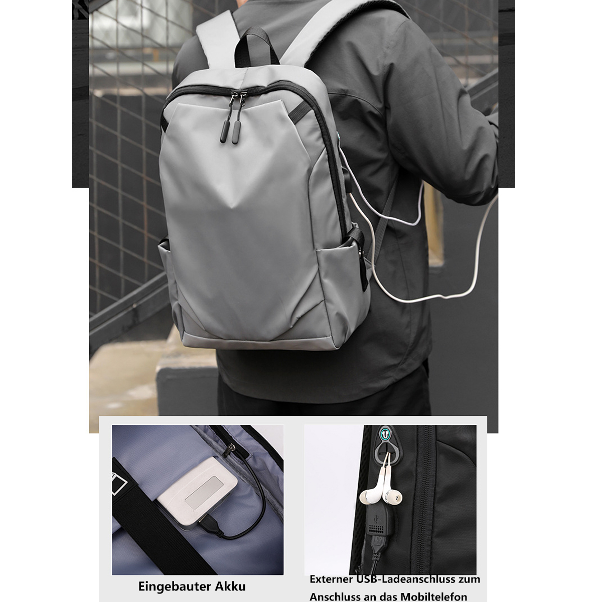 Ein Mann, der einen grauen Rucksack mit Ladefunktion trägt.