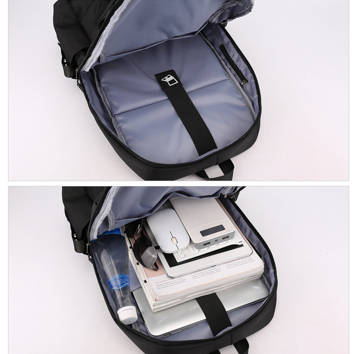 Geöffneter schwarzer Rucksack mit grauem Innenraum. Enthält Laptop, Wasserflasche, Maus und weitere Gegenstände.