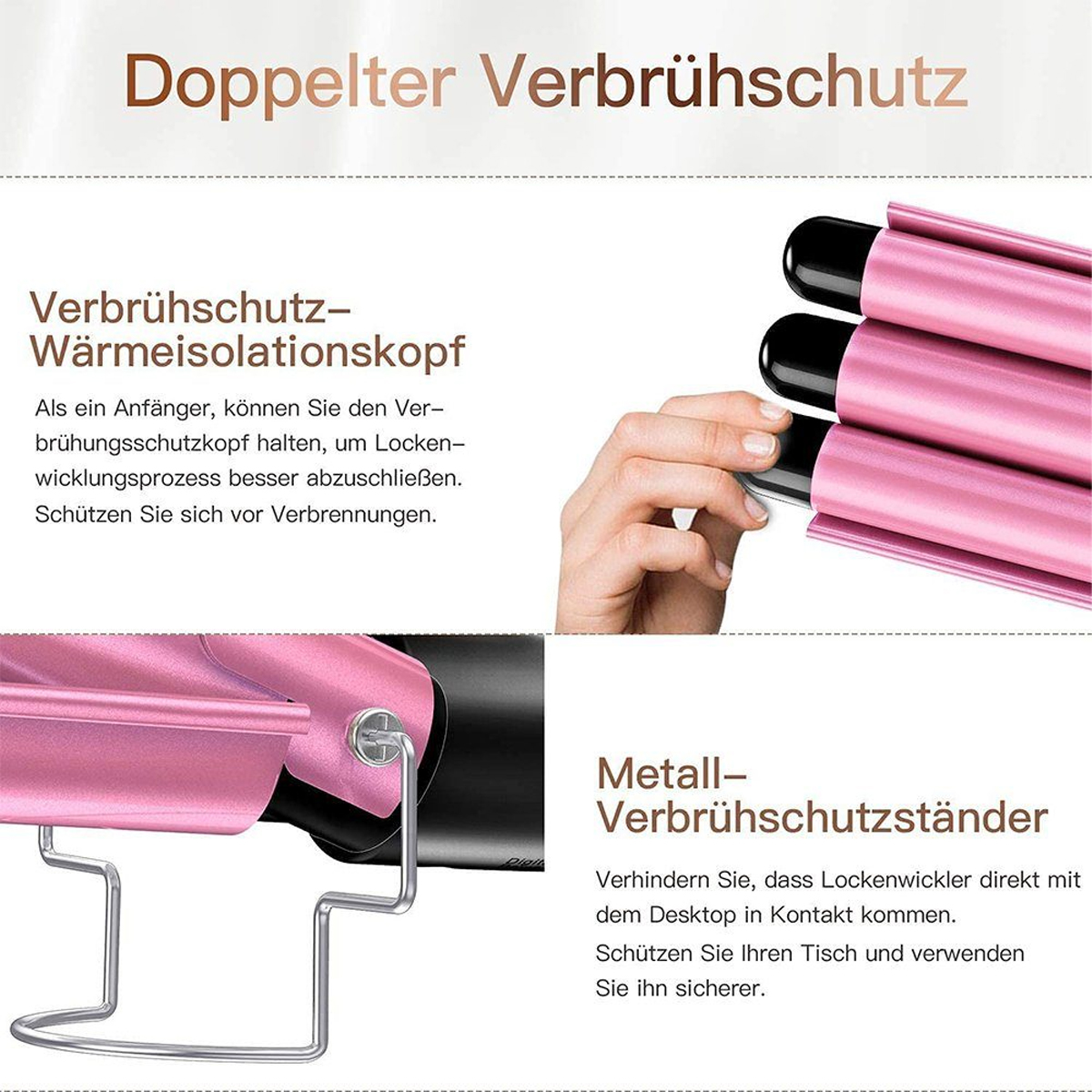 Nahaufnahme eines pinkfarbenen Lockenstabes mit Text über Hitzeschutz und Ständer.