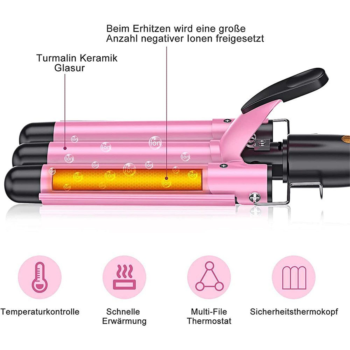 Ein rosa Lockenstab mit Text über seine Funktionen. Weißer Hintergrund.