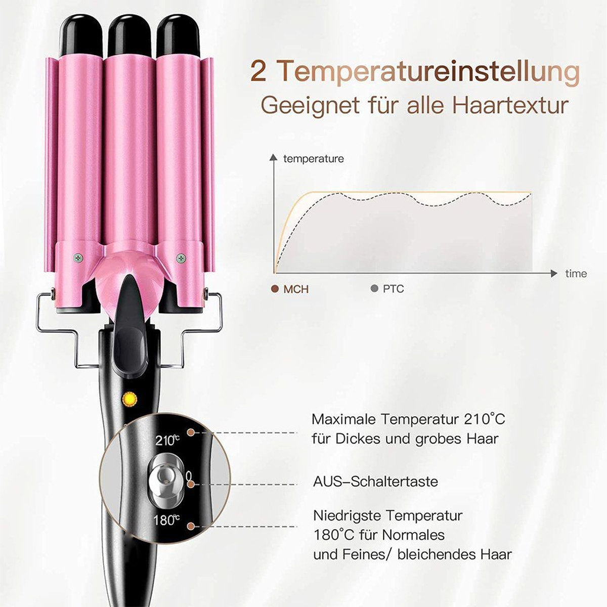 Rosa Haarwellen mit schwarzem Griff und angezeigten Temperatureinstellungen.
