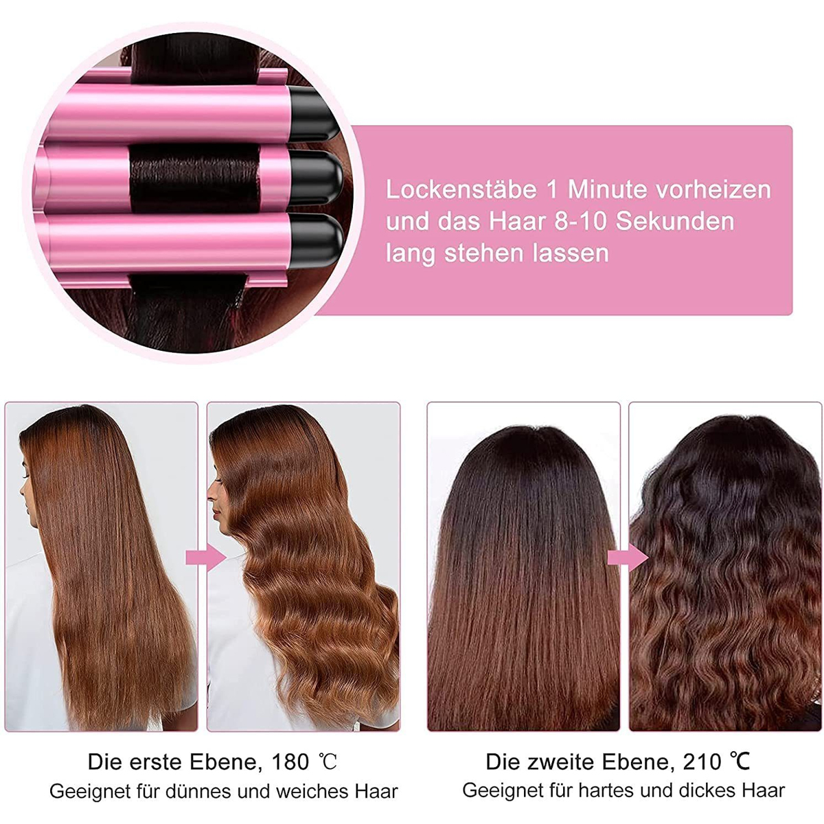 Rosa Lockenstab, der Haare mit Text erhitzt.