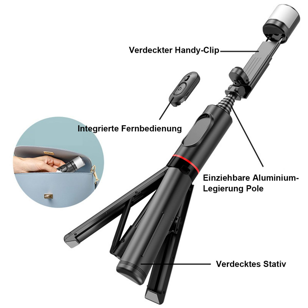 Bild eines Selfie-Sticks mit mehreren Funktionen. Es enthält eine Fernbedienung und eine Telefonklemme.