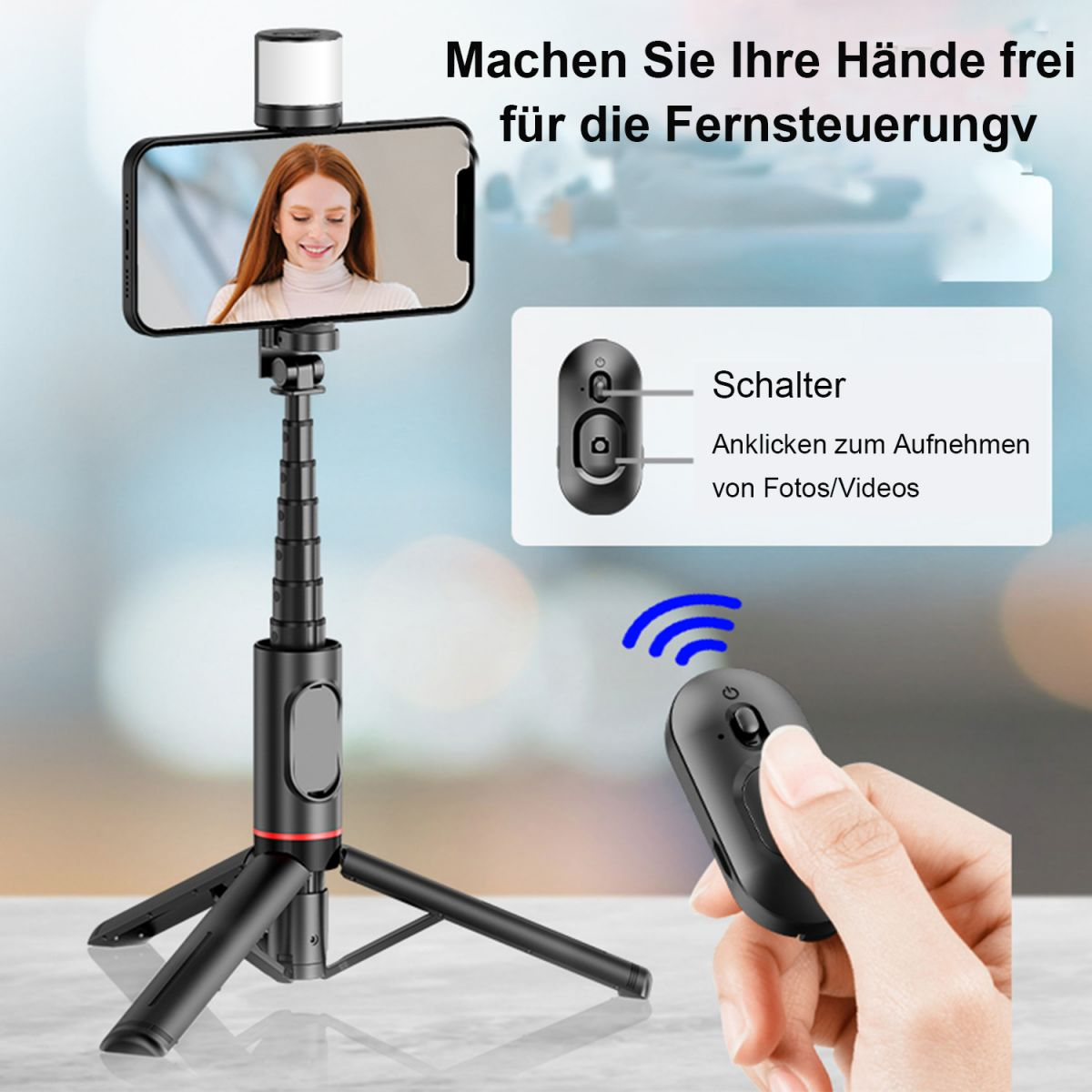 Ein Smartphone an einem Stativ, mit Fernbedienung. Text auf Deutsch auf dem Bildschirm.