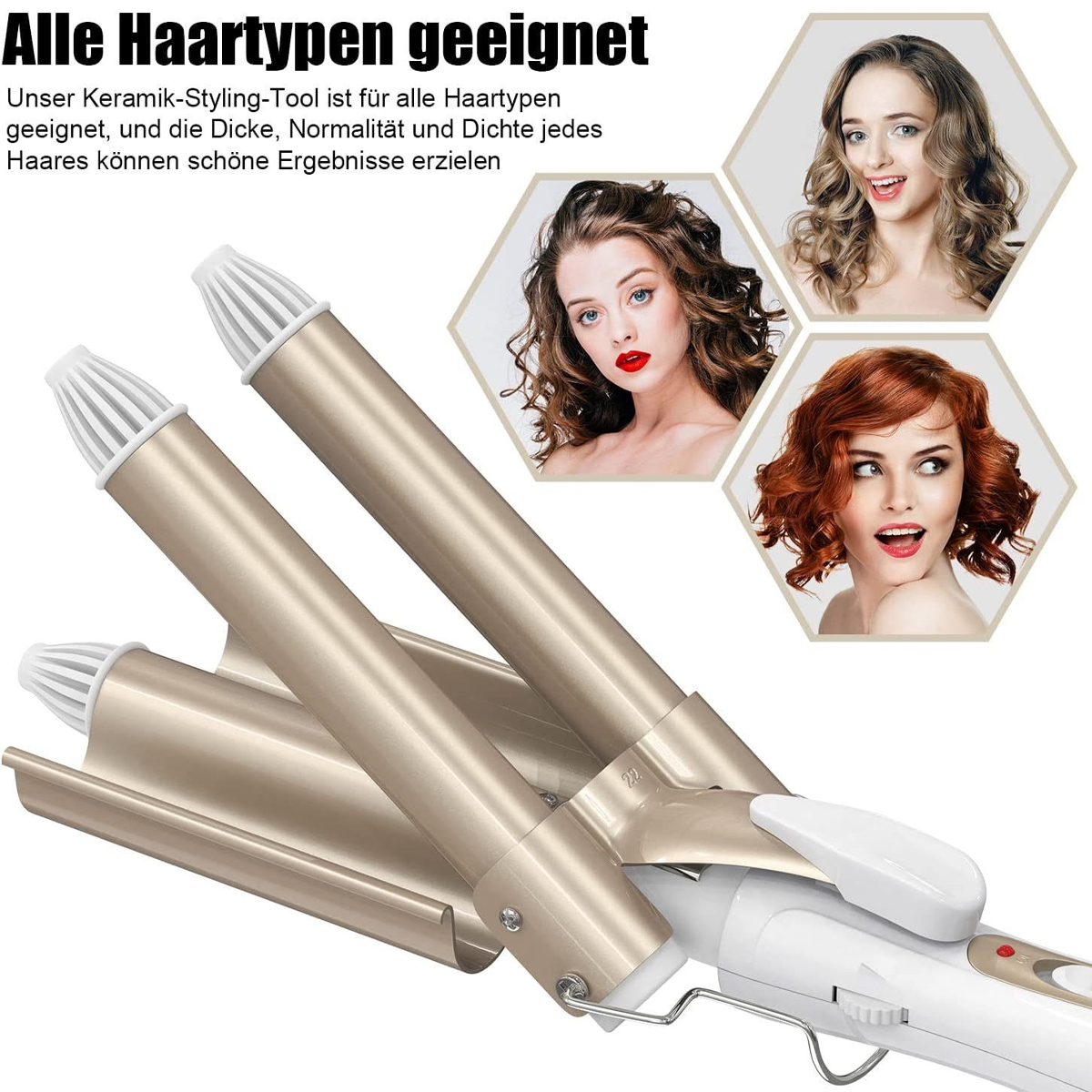 Ein Lockenstab mit zwei Heizstäben und drei Frauenporträts, wirbt für Haarstyling.