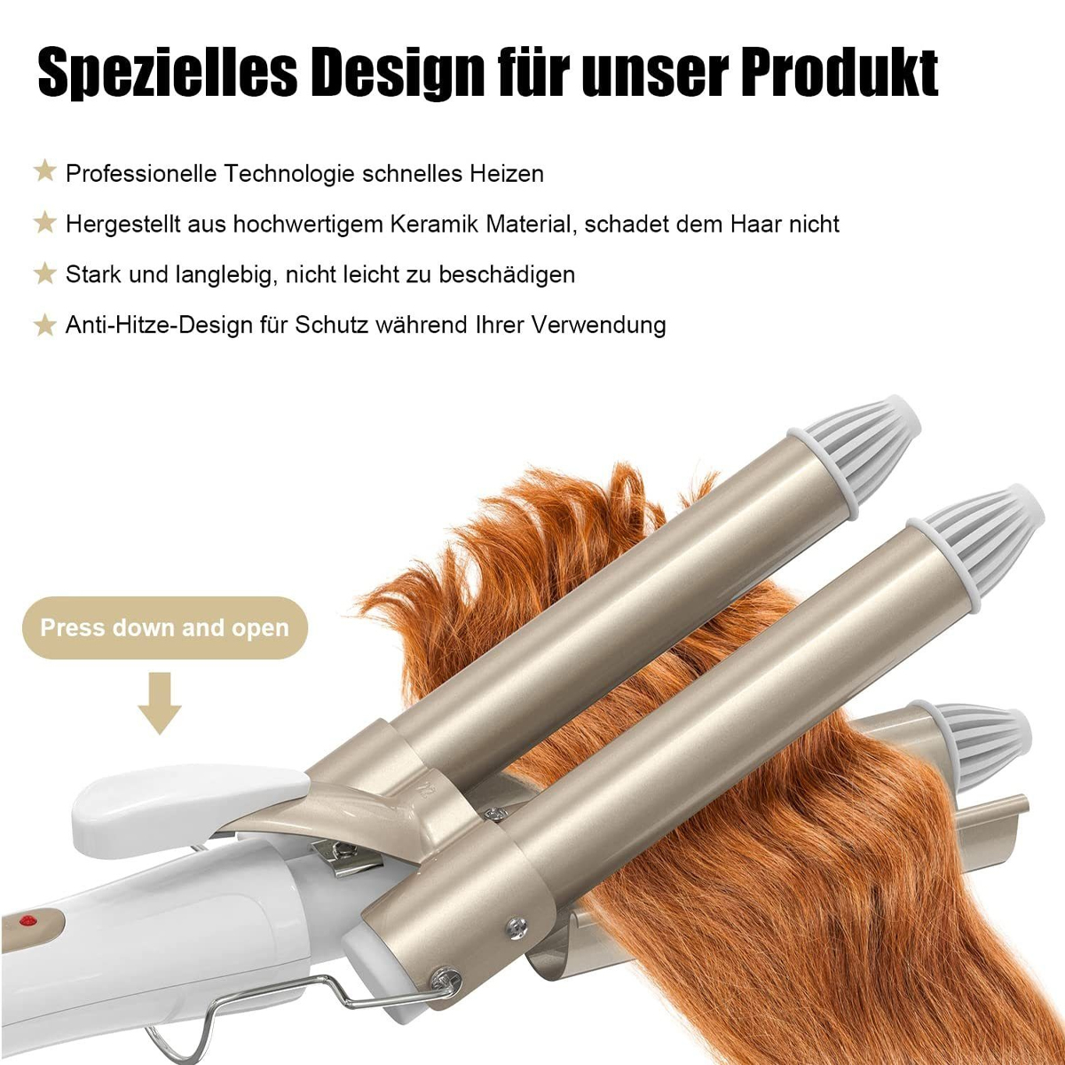 Haar Lockenwickler mit goldfarbenem Finish und weißen Spitzen, mit Text auf Deutsch und rotem Haar.