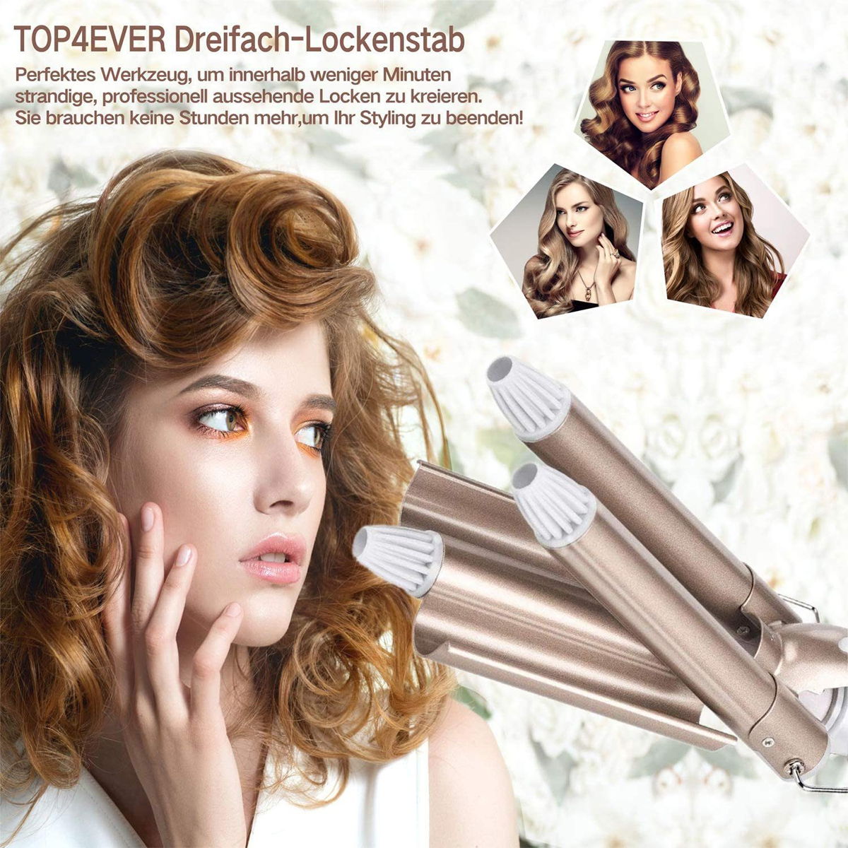 Frau mit Lockenstab, präsentiert gelockte Haare, floraler Hintergrund.