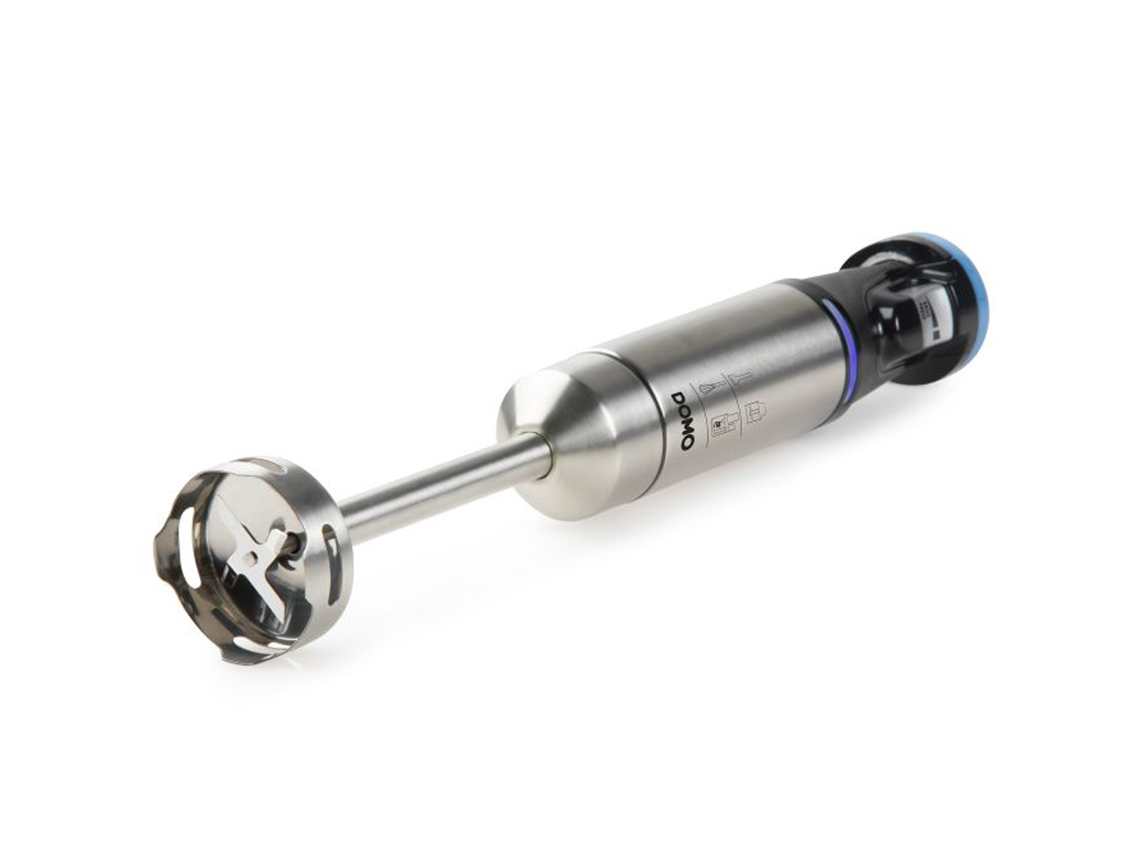 Ein Stabmixer aus Edelstahl mit schwarzem Griff und Klinge.