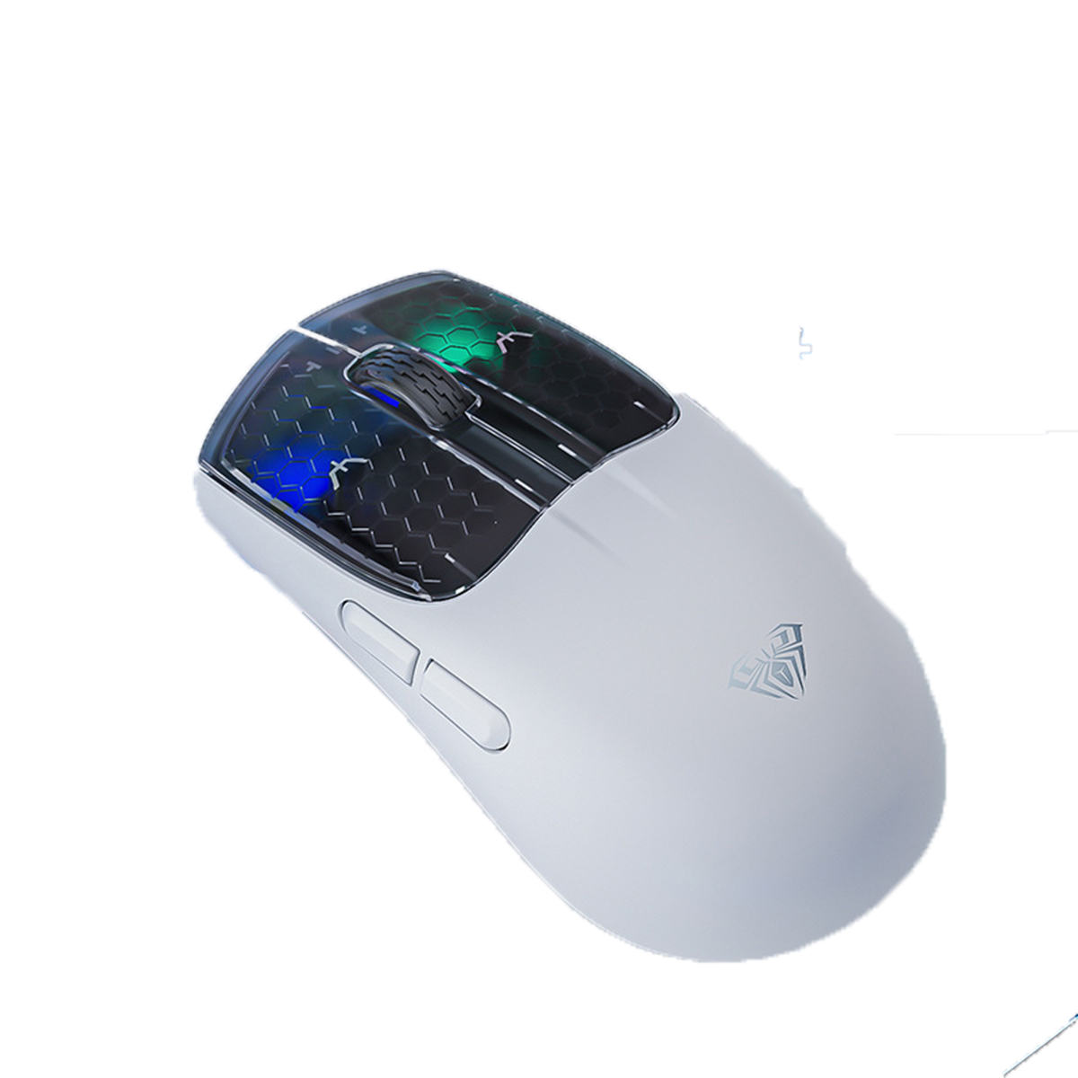 Weiße Computermaus mit schwarzer Oberseite und farbigen Lichtern.