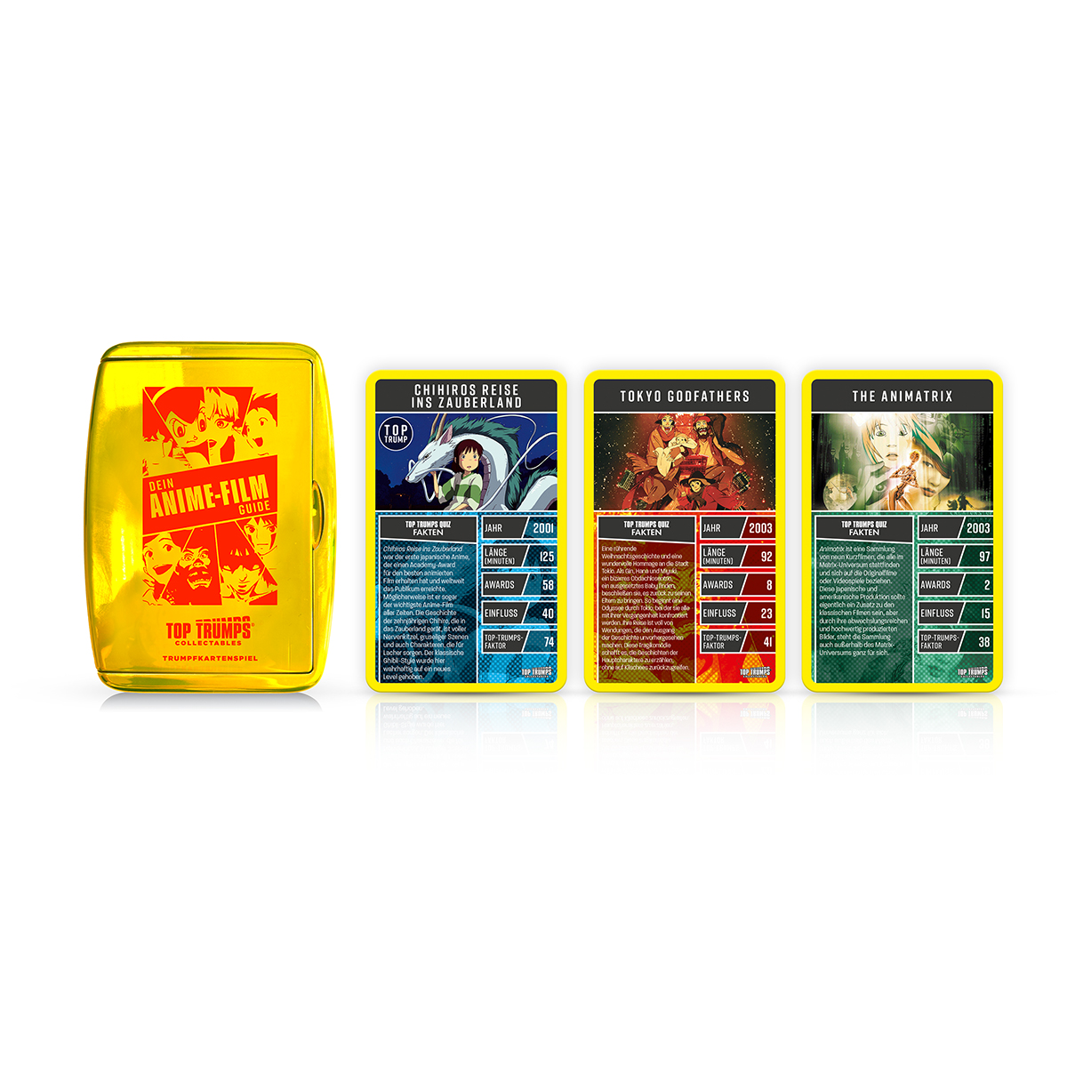 Ein goldfarbenes Anime-Top-Trumps-Kartenspiel mit drei Karten, die Anime-Charaktere zeigen.