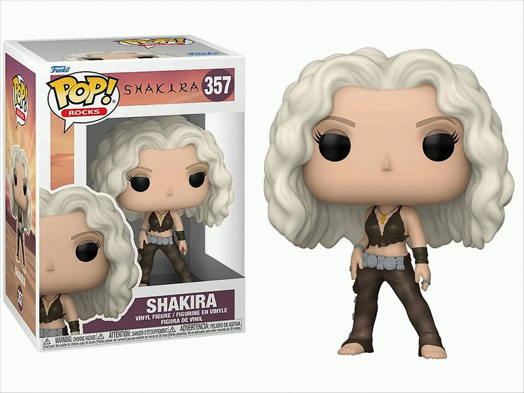 Figura di Shakira Funko Pop in una scatola, con una figura di Shakira, su sfondo bianco.