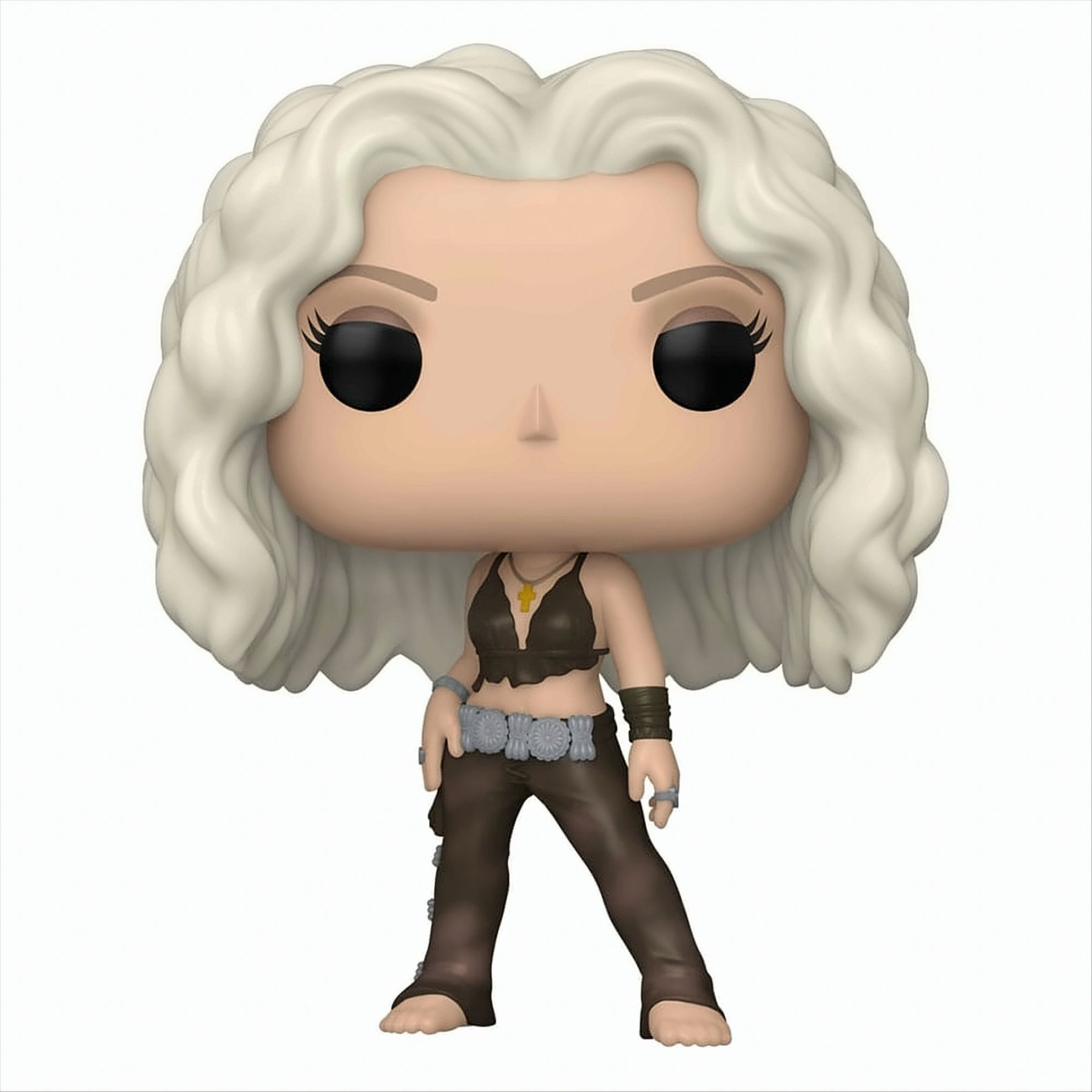 Funko Pop di una donna con capelli bianchi ricci e abito nero.