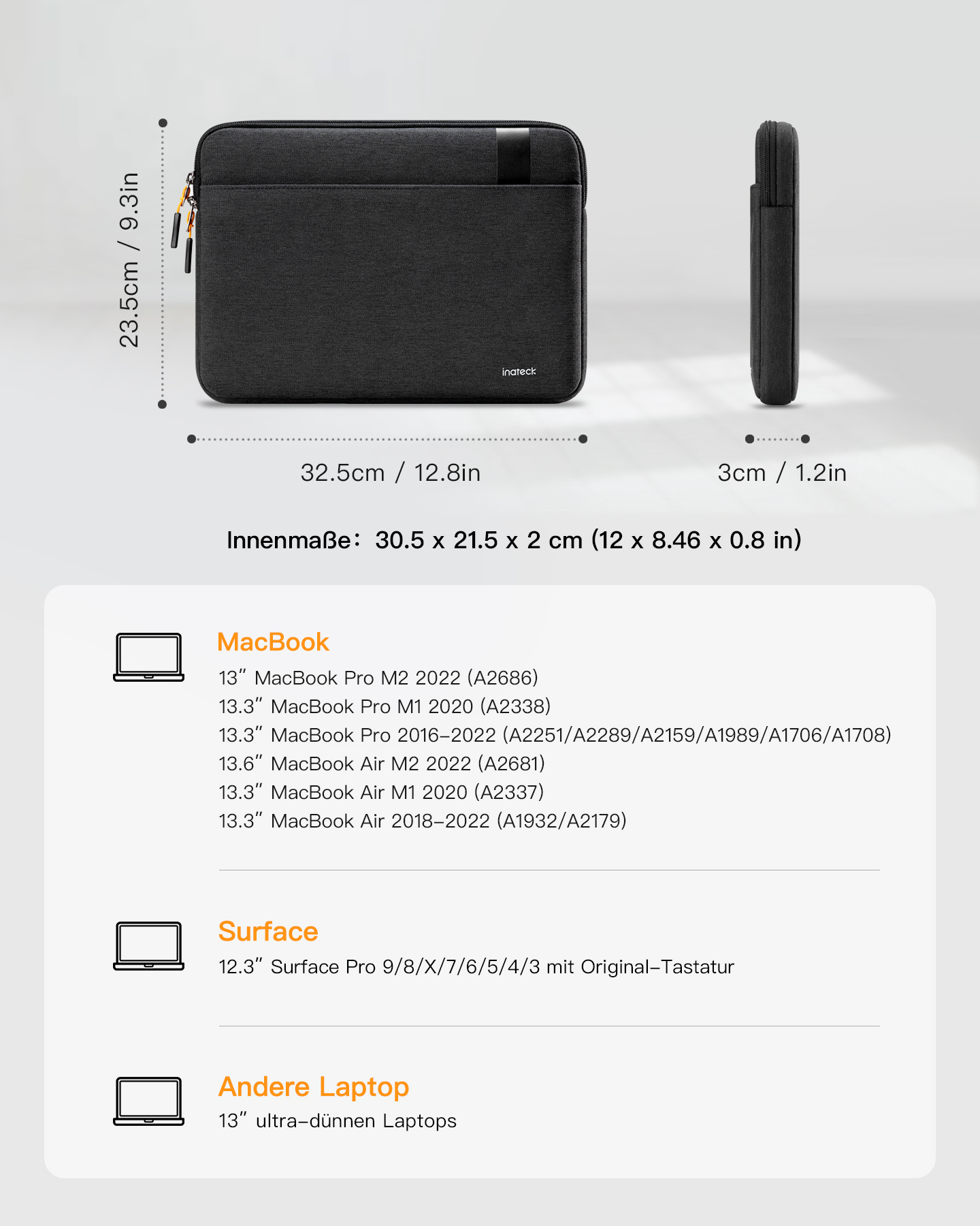 Schwarze Laptoptasche mit Abmessungen und einer Kompatibilitätsliste auf weißem Hintergrund.