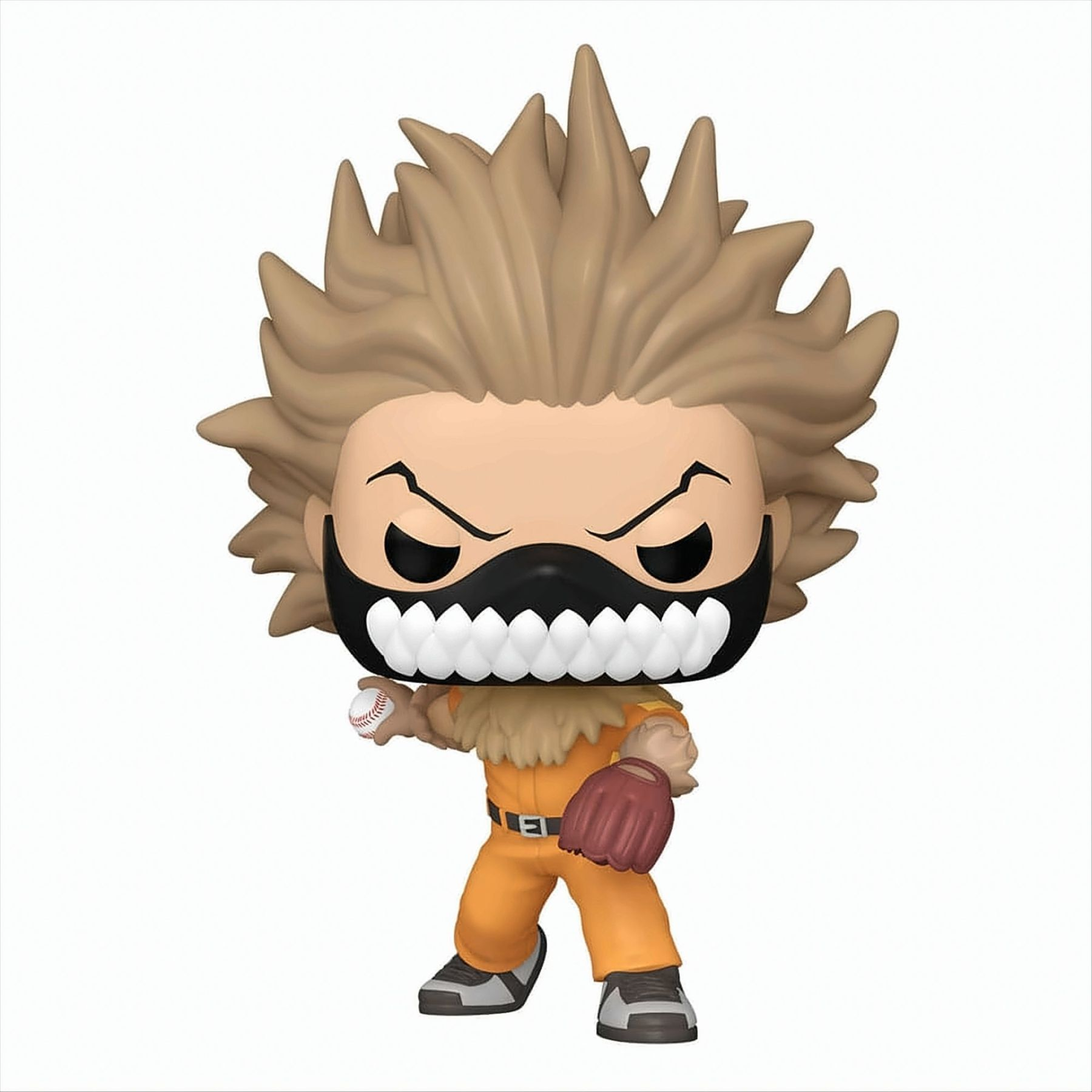 Anime-Figur in orangefarbenem Overall mit Baseball und Handschuh, mit wütender Maske.
