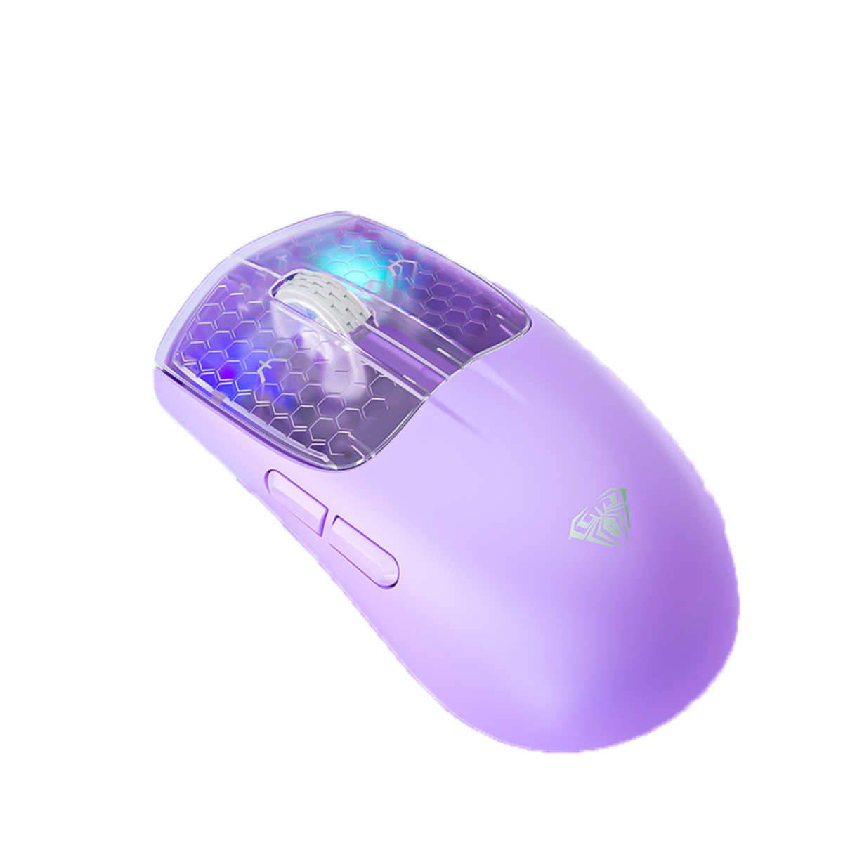 Lila Gaming-Maus mit Wabenmuster und Lichtern. Isoliert auf Weiß.