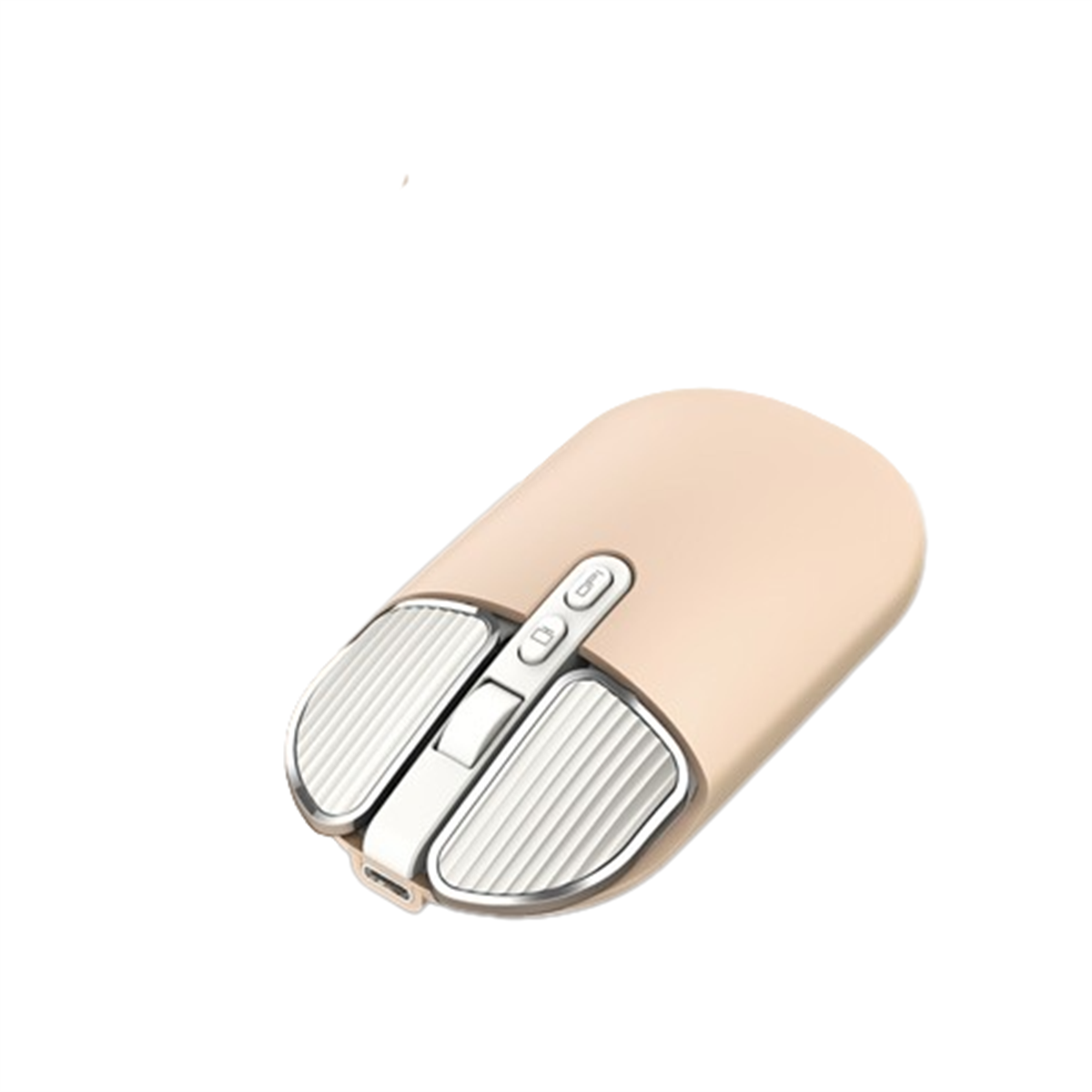 Eine beige kabellose Maus auf weißem Hintergrund.