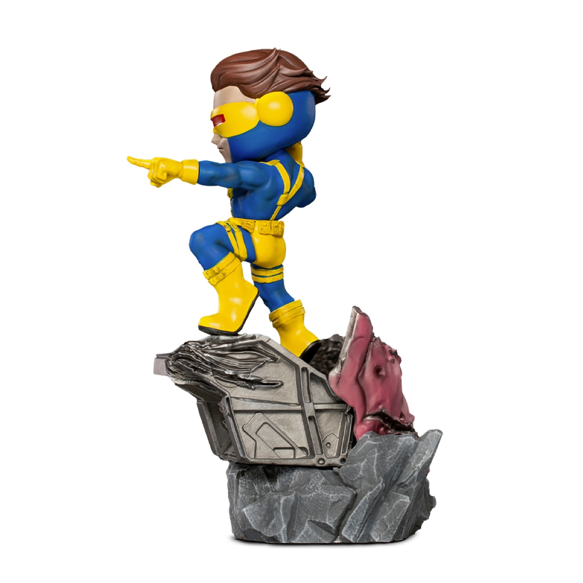Cyclops-Figur, eine Marvel-Figur, die auf einer felsigen Basis steht und nach vorne zeigt.