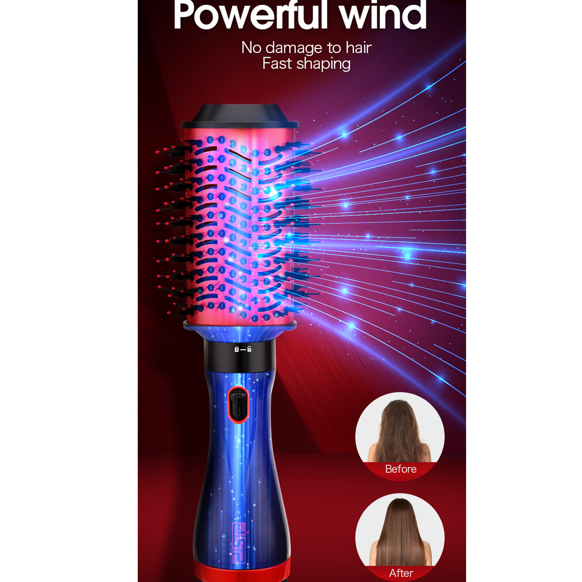 Haarstyler mit blau-rotem Design, mit Haarbildern.