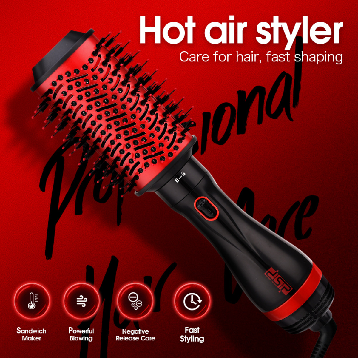 Roter und schwarzer Heißluftstyler mit Symbolen zum Styling.