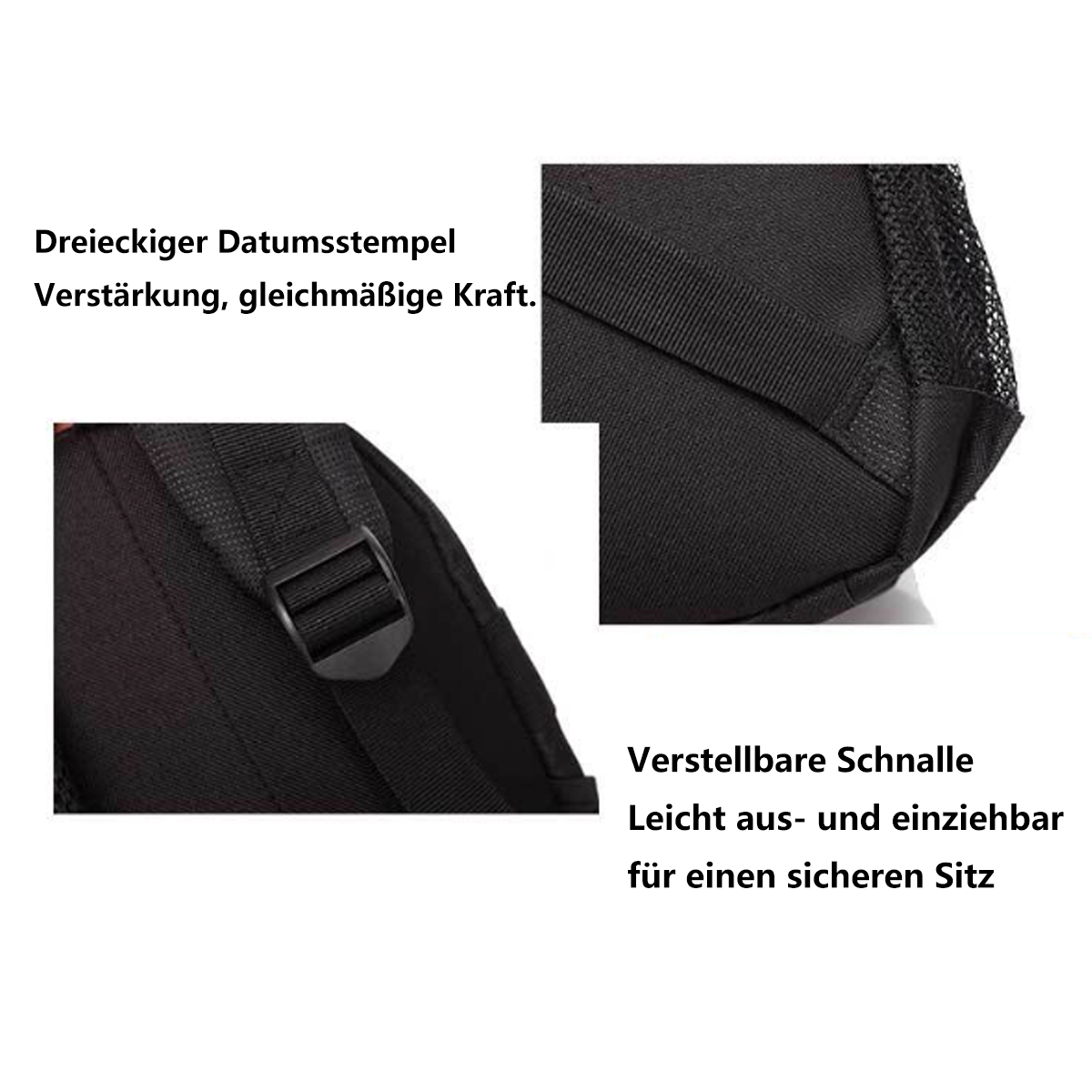 Primer plano de un detalle de mochila negra con texto en alemán describiendo características.