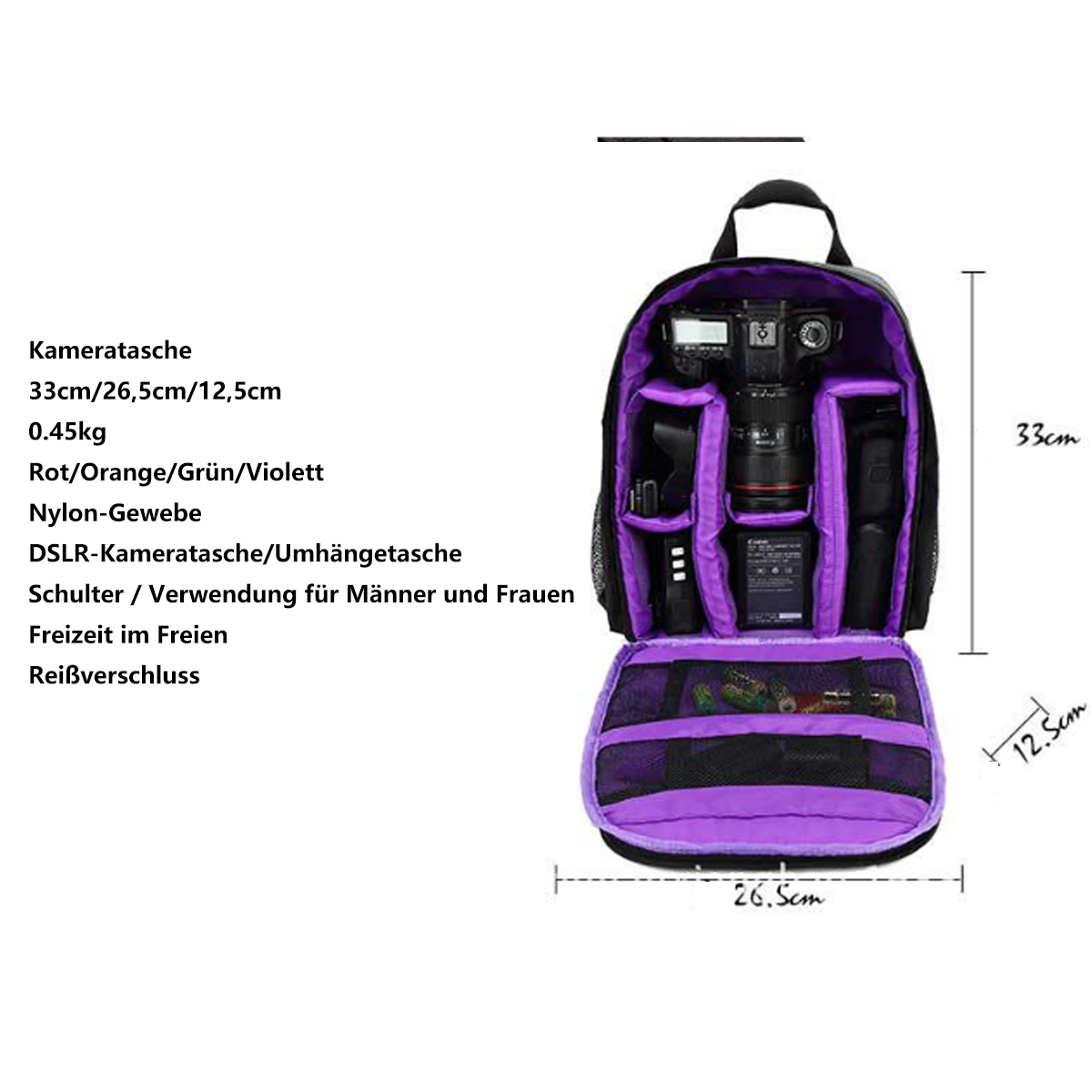 Mochila negra para cámara, abierta mostrando compartimentos y dimensiones. Etiquetada con capacidad y características.