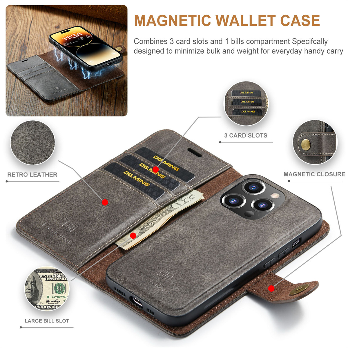 SYNTEK Tasche für geteilte Magnetische iPhone15 iPhone, iPhone14，15, iPhone14, Grau grau Telefonhülle Holster, Schutzhülle