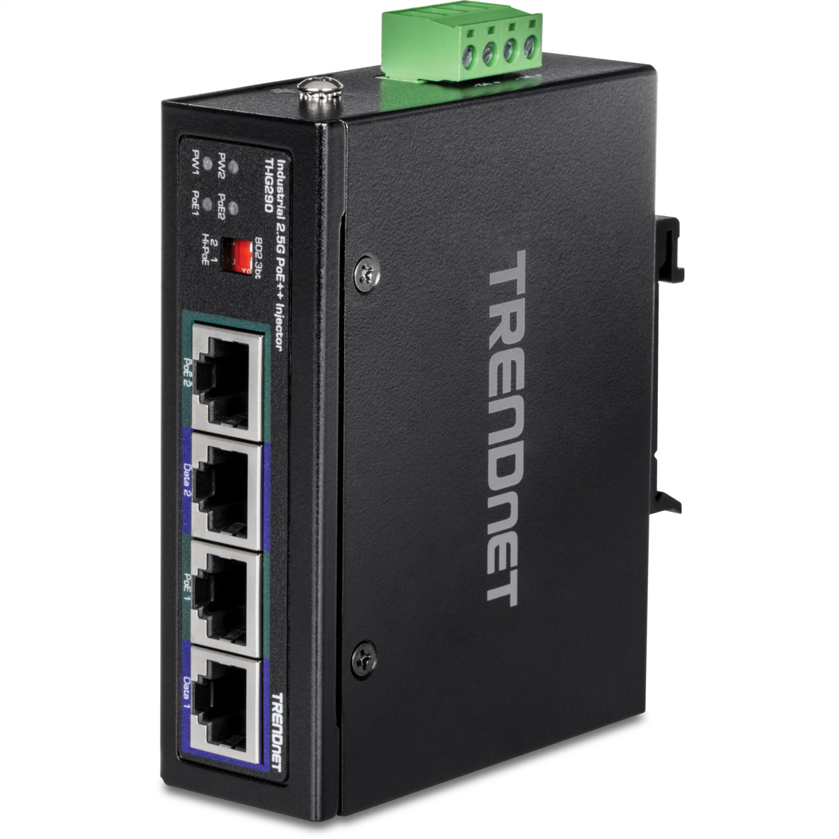 Iniettore PoE++ industriale Trendnet 2.5G nero con porte e indicatori, su sfondo bianco.